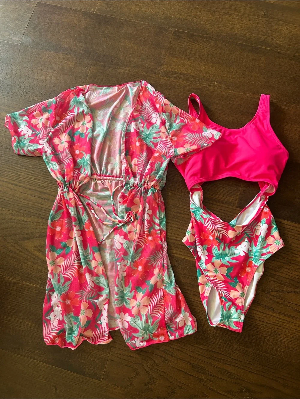Teen SHEIN Pink Tropical Floral Swim Set with Matching Cover-Up